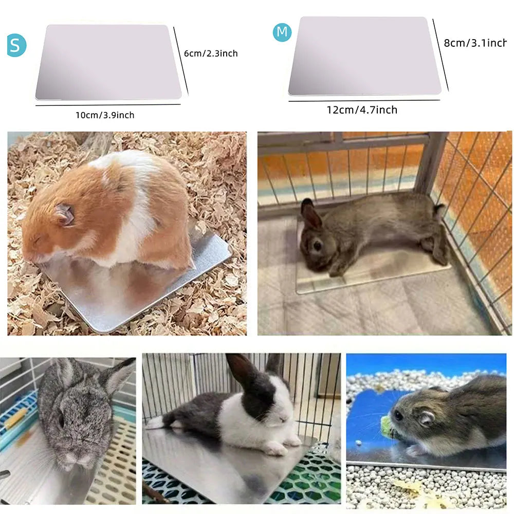 Aluminum cooling pads of various sizes are shown alongside pet rabbits and guinea pigs.