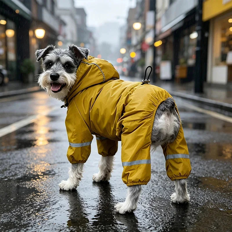 A dog wearing a yellow insulated hooded raincoat with reflective strips walks on wet pavement.