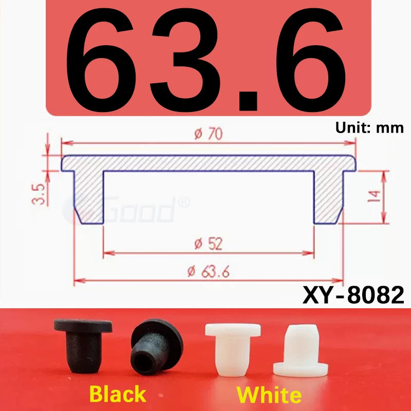 Black and white silicone rubber hole plugs shown with dimensions for sealing