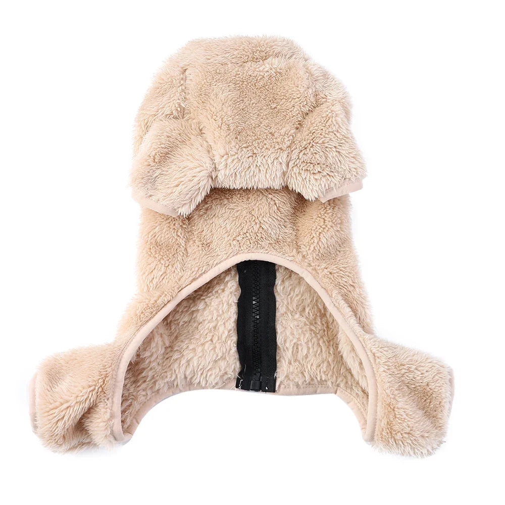 A light beige fuzzy fleece dog jumpsuit for small and medium breeds.