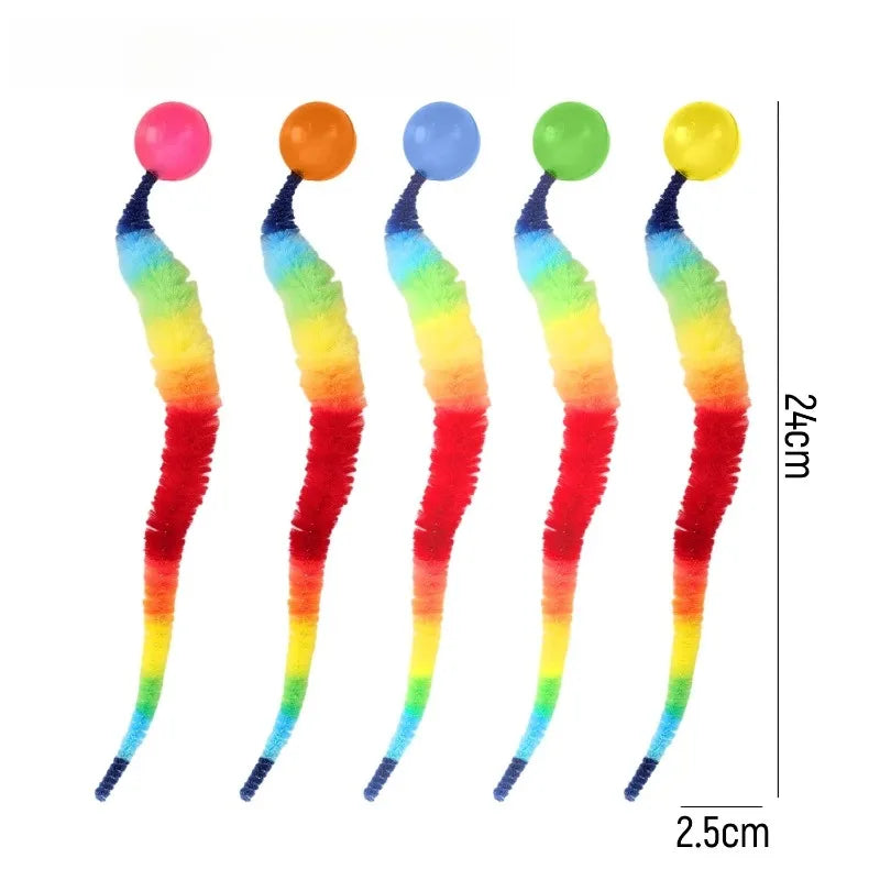 Five colorful caterpillar toys with bouncing balls in rainbow colors