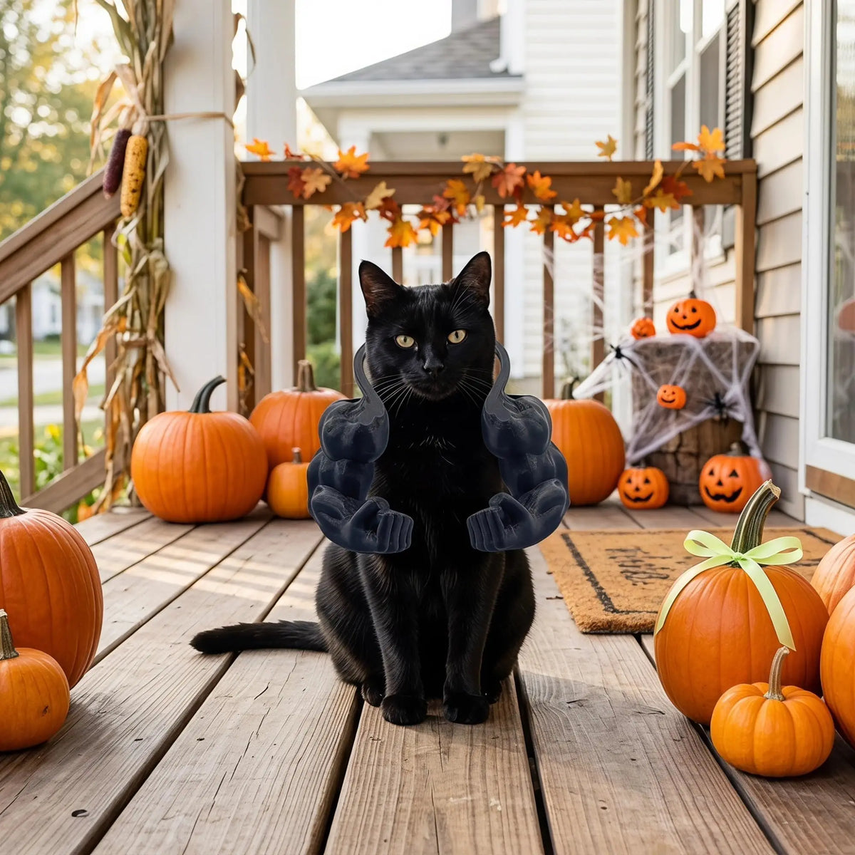 Schwarze Katze sitzt auf Holzdeck umgeben von orangen Kürbissen.