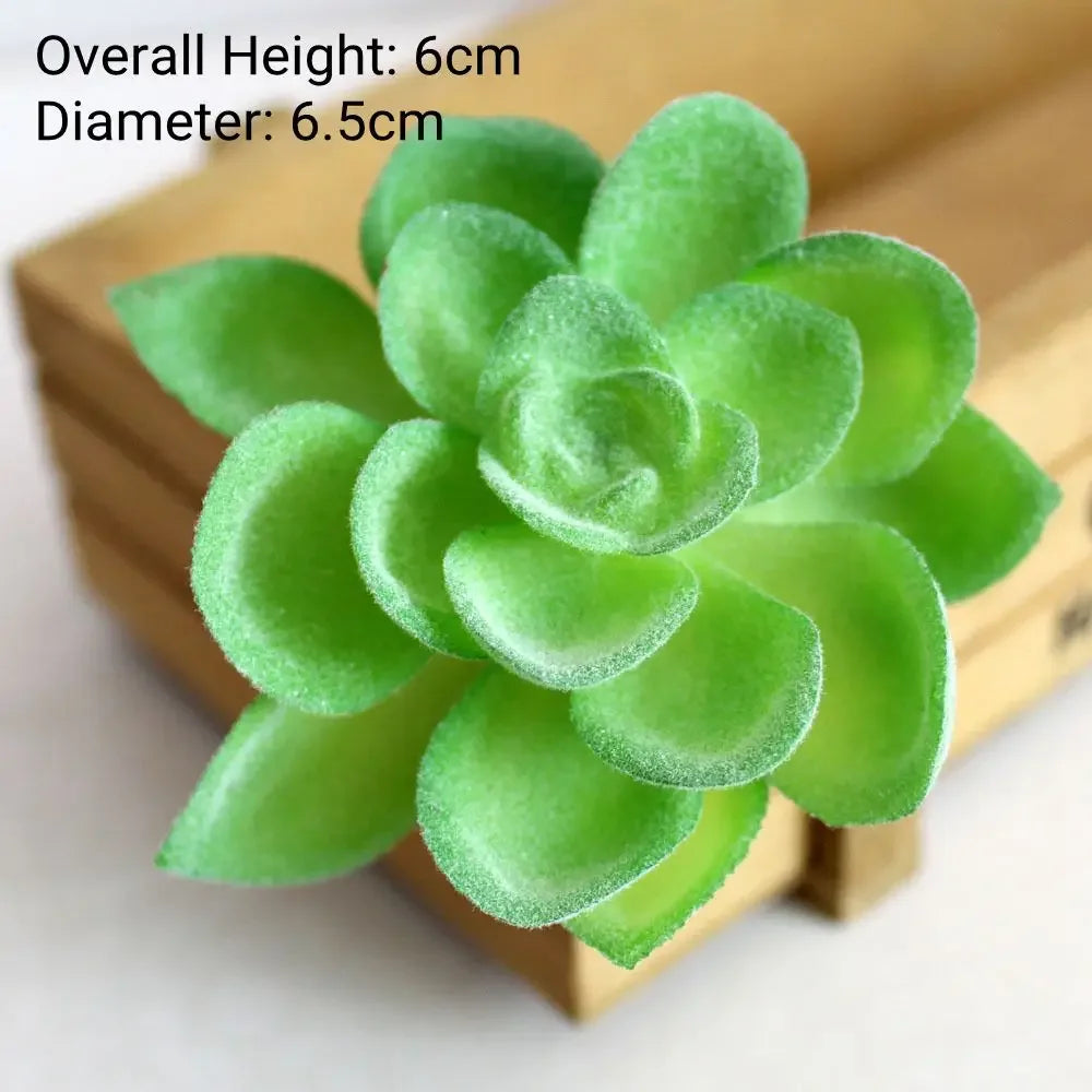A vibrant green flocked artificial succulent plant with 6cm height and 6.5cm diameter resting on a wooden surface.