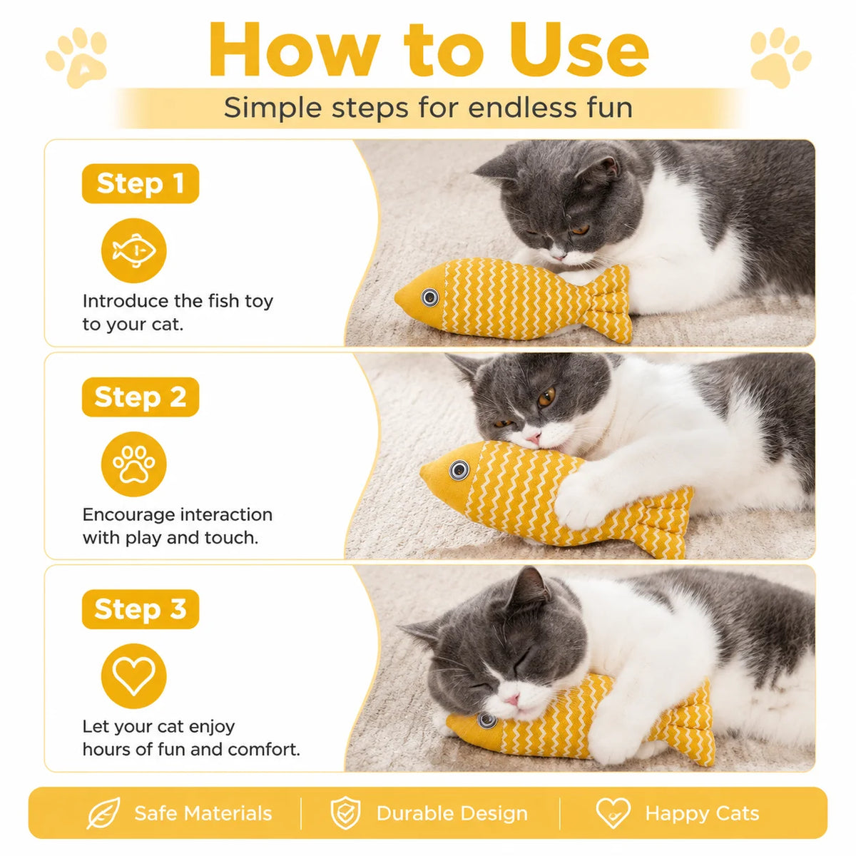 Instructions showing how to use an interactive catnip fish plush toy for indoor cats with three steps