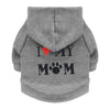 Gray dog sweatshirt hoodie featuring the text I love my mom and a paw print design.