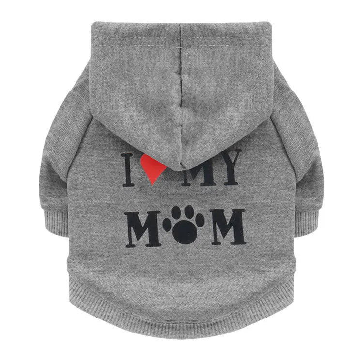Gray dog sweatshirt hoodie featuring the text I love my mom and a paw print design.