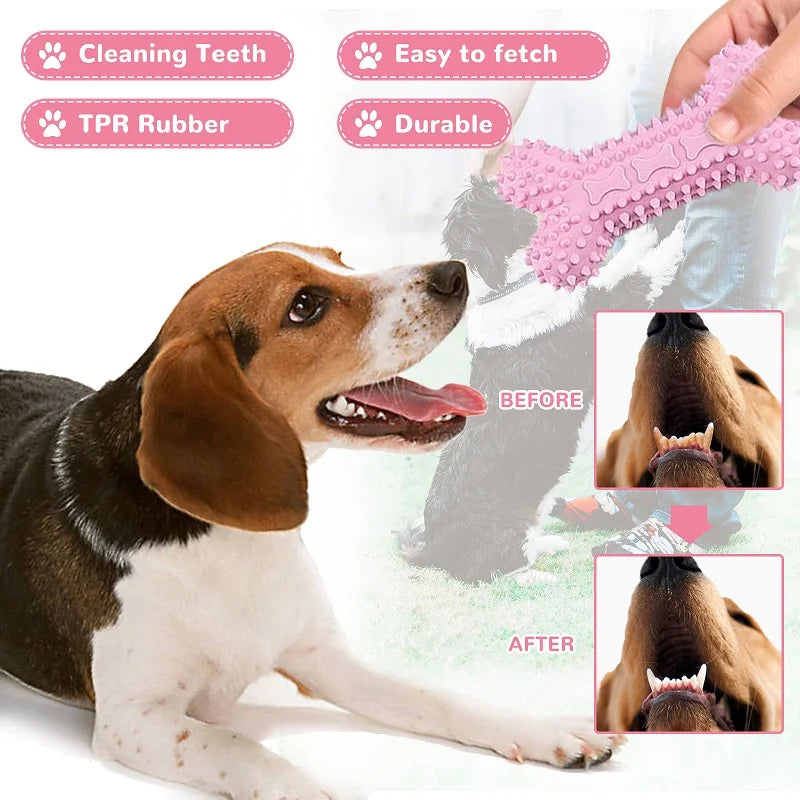 Pink rubber chew toy for small dogs featuring a dental cleaning texture, shown with a dog.