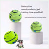 Una pelota para entrenamiento de mascotas que produce sonido y es resistente a masticar, de color verde lima, junto a un perr