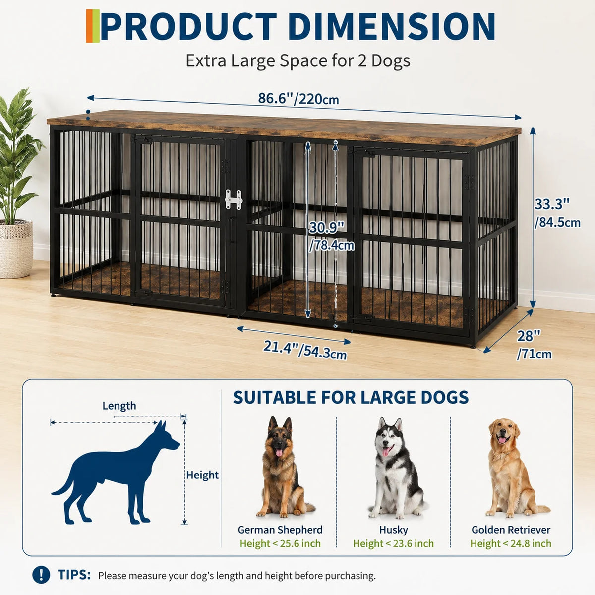 Extra Large Wooden Double Dog Crate with Divider and 3 Doors