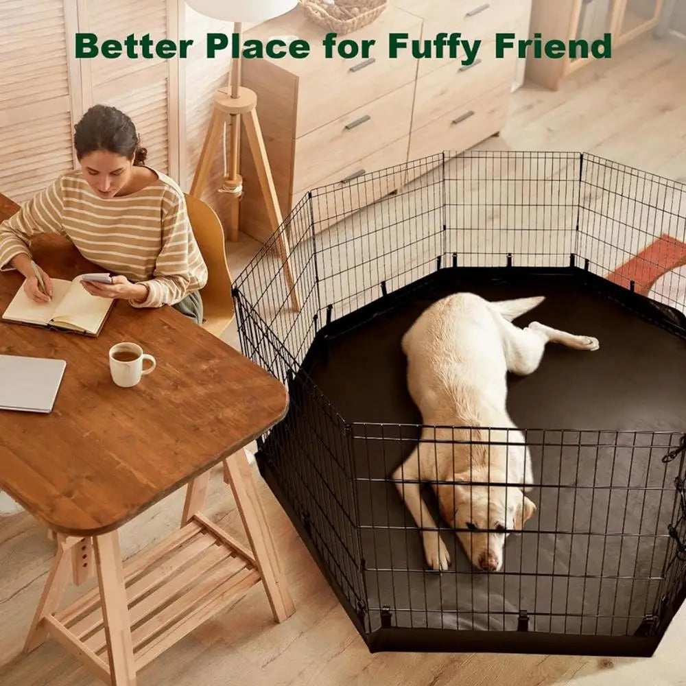 A dog is resting inside a black wire playpen mat on a wooden floor.