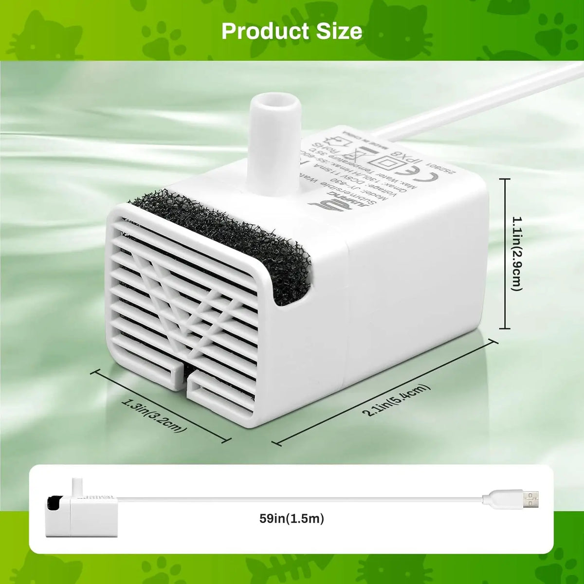 A white replacement pump for a cat water fountain is shown with a cleaning brush and tubing.