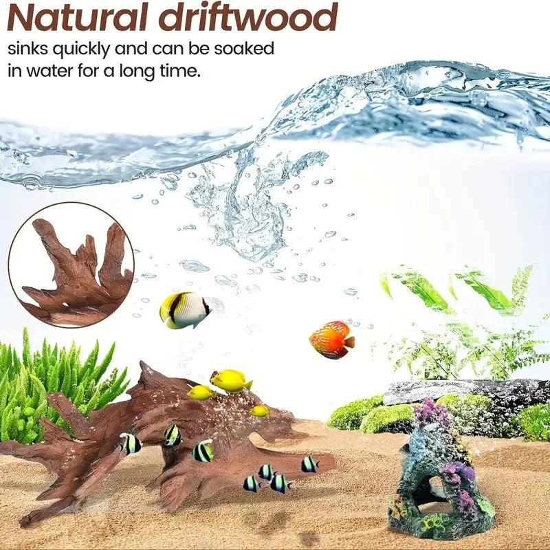 Natural driftwood used as aquarium decor, showing its texture and ability to soak in water.