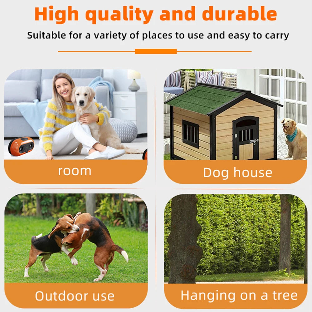 A product image showing an ultrasonic dog bark stopper with an LED light, suitable for various uses.