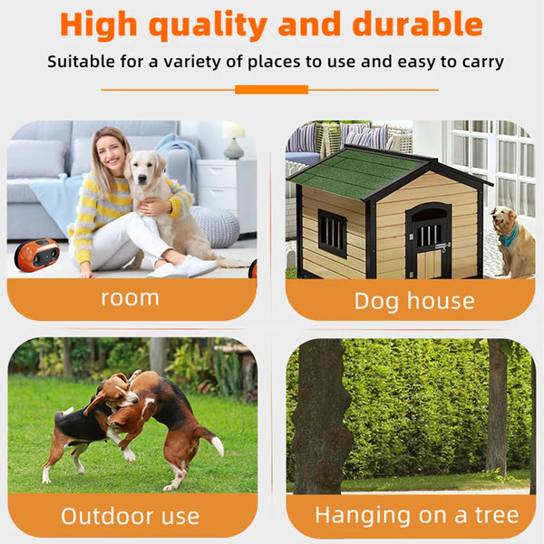 A product image showing an ultrasonic dog bark stopper with an LED light, suitable for various uses.