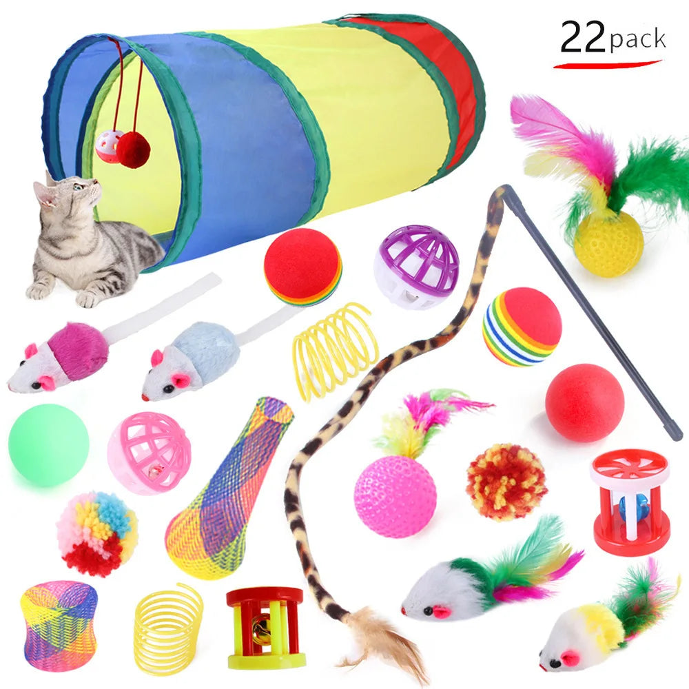 A variety pack of cat toys including a large fabric roll, feather wand, sisal mice, and colorful ball toys.