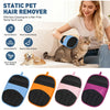 A collection of reusable pet hair remover gloves in blue, orange, pink, and purple shown next to a woman and a cat.