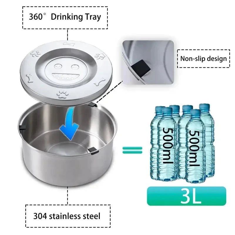 Stainless steel dog water bowl with a 360 degree drinking tray and non-slip design.