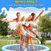 A family of three is playing in a blue splash pad with an anti-slip sprinkler mat outdoors.