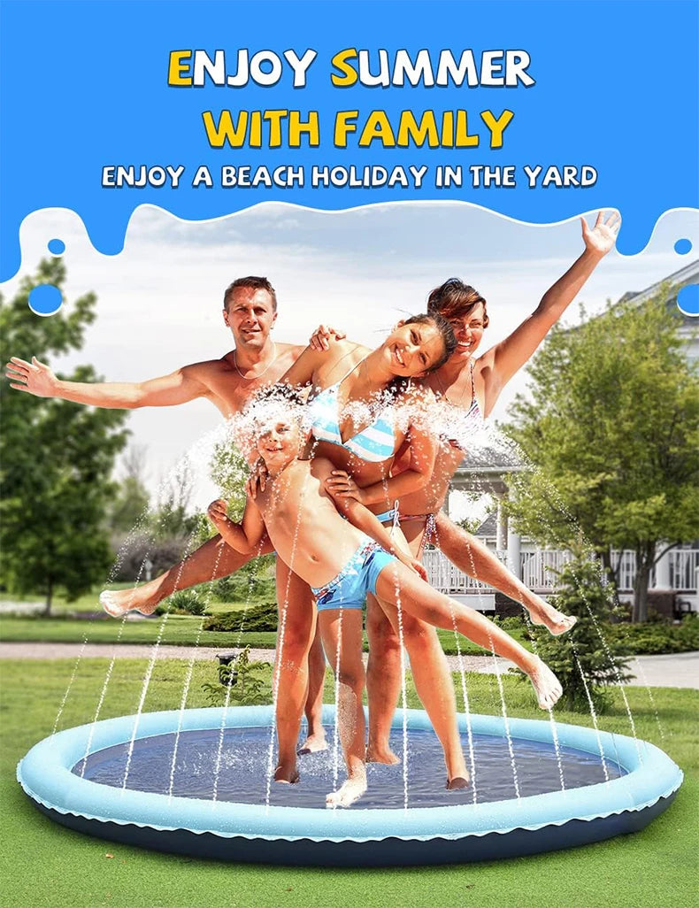 A family of three is playing in a blue splash pad with an anti-slip sprinkler mat outdoors.