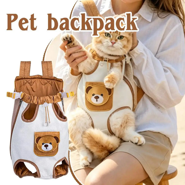 A person holds a cat in a breathable backpack carrier designed for pets.