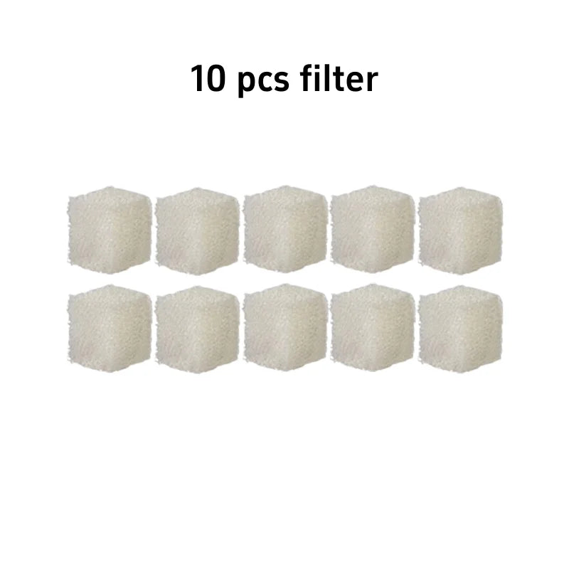 Ten white porous filter pieces arranged in a row.