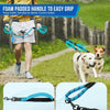 A dog is walking while holding a foam padded handle leash with two traffic handles for better control safety.