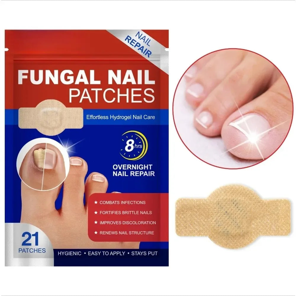 Box of fungal nail patches for overnight repair, showing a hand and the product packaging.