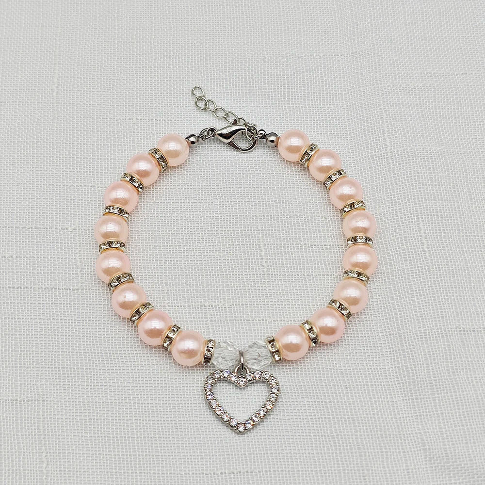 Pearl Pet Necklace with Heart-Shaped Rhinestone Pendant