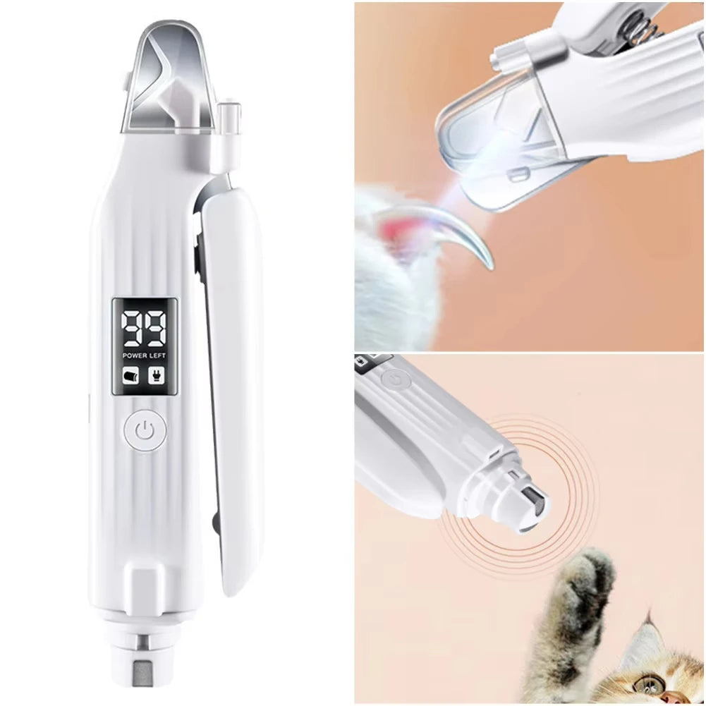 Weißes 2-in-1 Elektrotiernageltrimmer und -fräser, gezeigt in Nahaufnahme beim Verwenden an einer Katzenpfote.