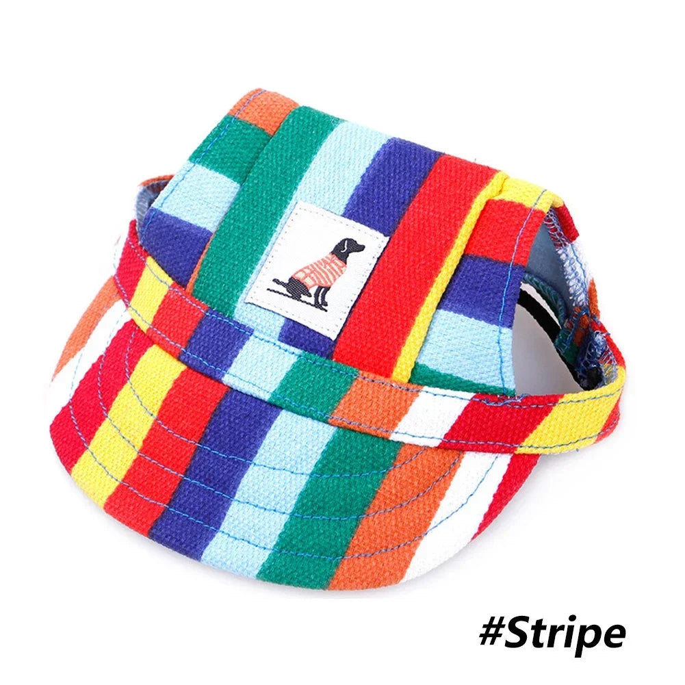 A colorful striped pet grooming visor cap for dogs and cats.
