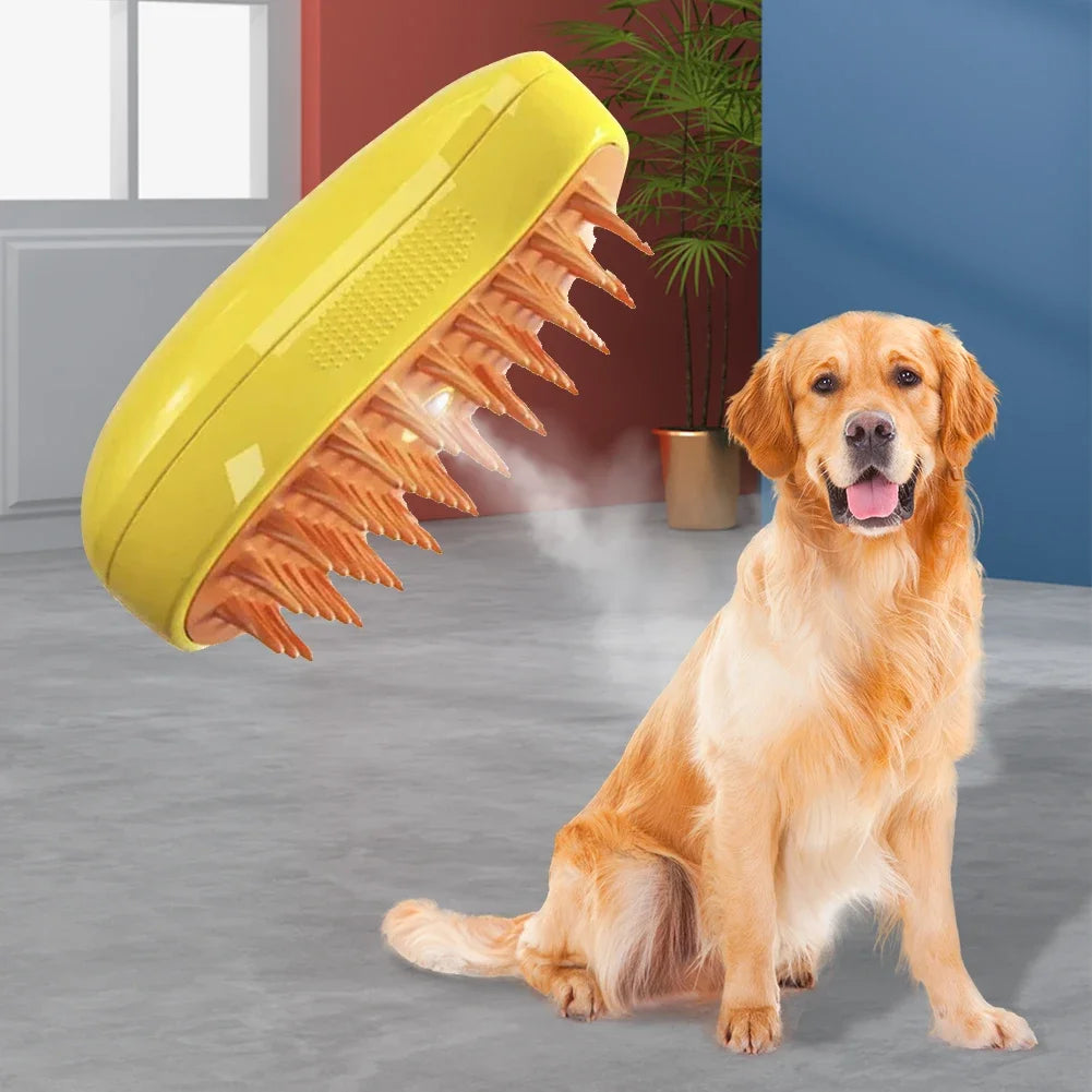 A golden retriever sits next to a yellow pet grooming brush with steam spray, demonstrating the product.