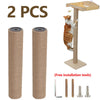 Two rolls of sisal rope replacement scratch posts for cat trees with installation tools and a cat climbing on a wooden post.