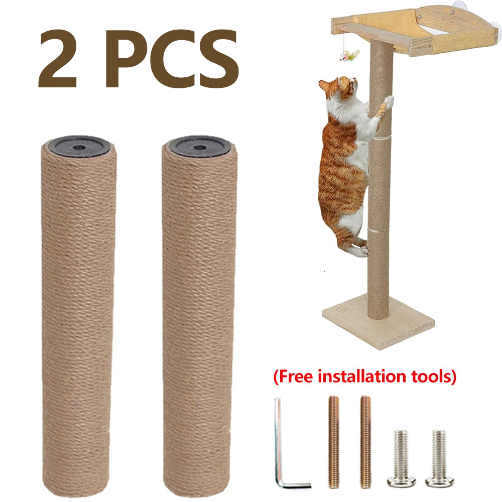 Two rolls of sisal rope replacement scratch posts for cat trees with installation tools and a cat climbing on a wooden post.