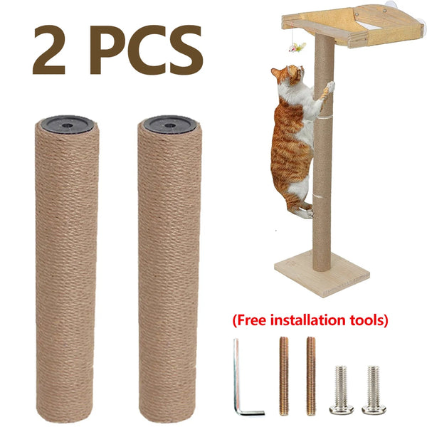 Two rolls of sisal rope replacement scratch posts for cat trees with installation tools and a cat climbing on a wooden post.