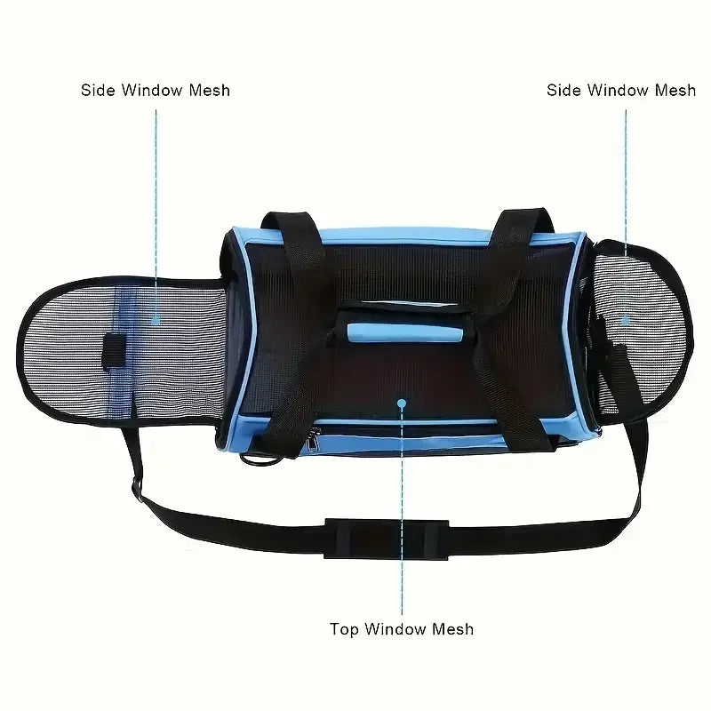 Portable soft-sided pet carrier with mesh windows shown from the front view.