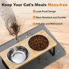 Elevated stainless steel food mat with two tilted bowls for feeding cats
