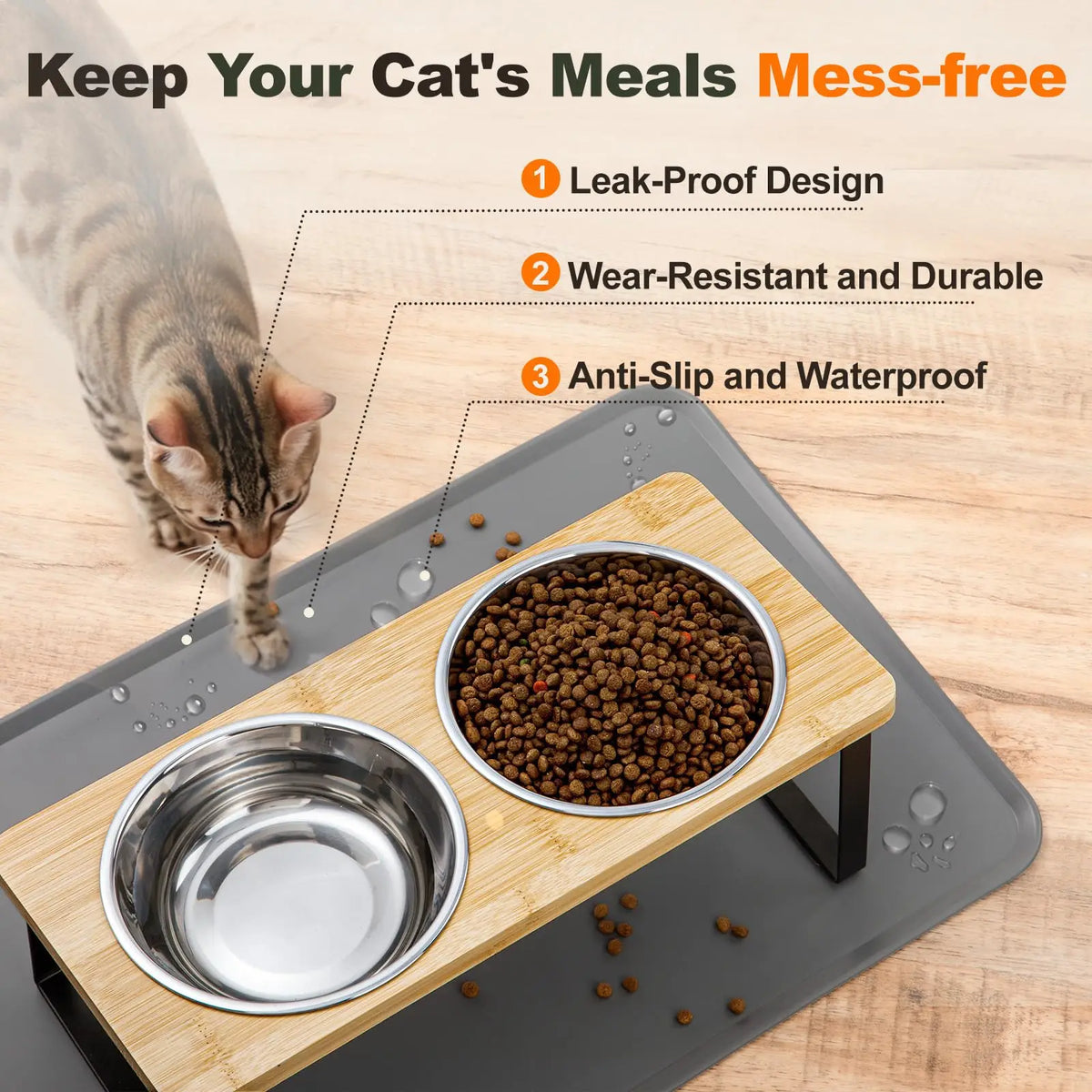 Elevated stainless steel food mat with two tilted bowls for feeding cats
