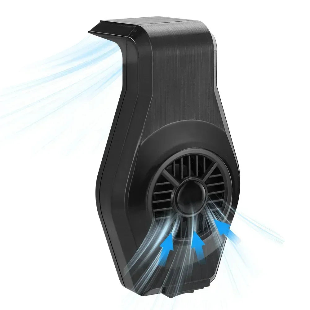 A black USB aquarium cooling fan is shown with airflow emanating from the grille.