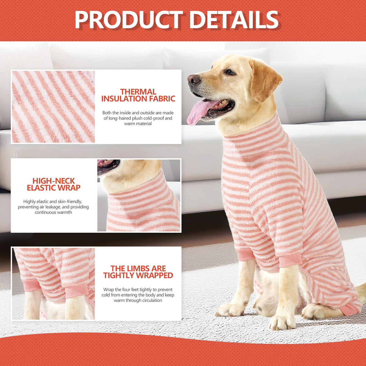 Goldener Retriever in rosa-weiß gestreiftem Fleece, der die thermische Isolationsfähigkeit des Materials zeigt und dicht umwi