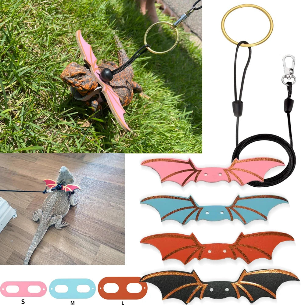 Three adjustable harnesses for bearded dragons featuring bat wings in pink, blue, and orange colors.