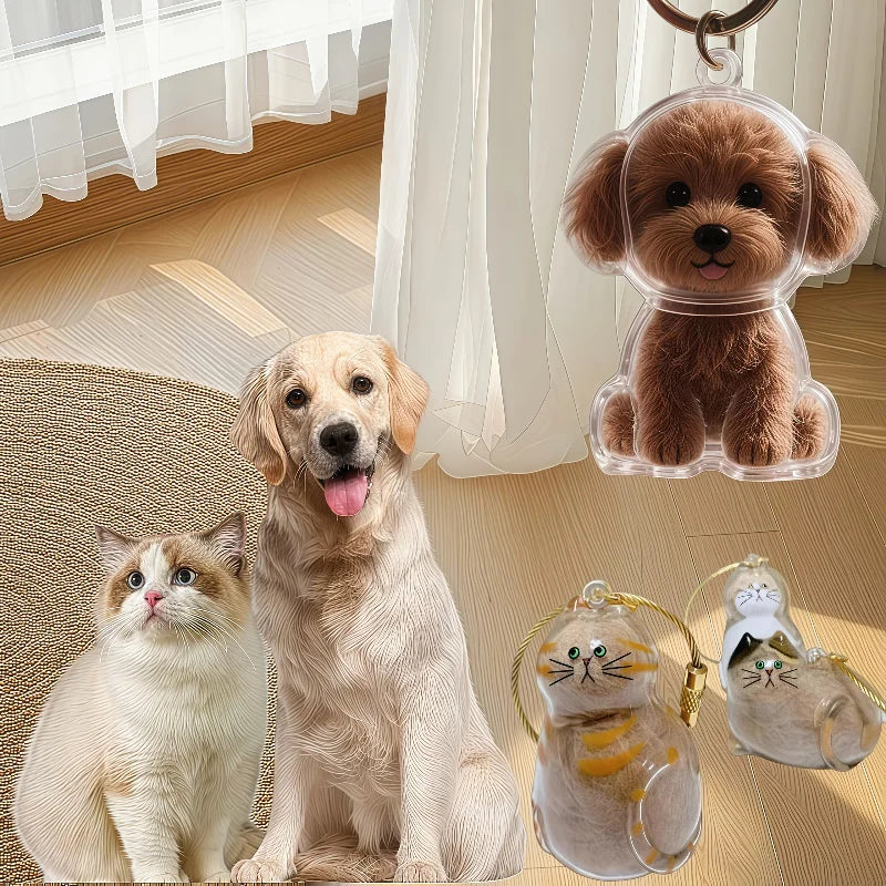 A transparent pet hair storage keychain featuring a small, fluffy dog and a cat.
