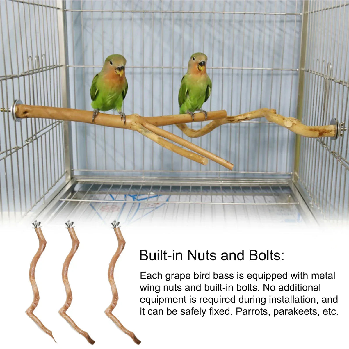 Two green grape birds are perched on a natural wooden bird perch inside a wire cage.