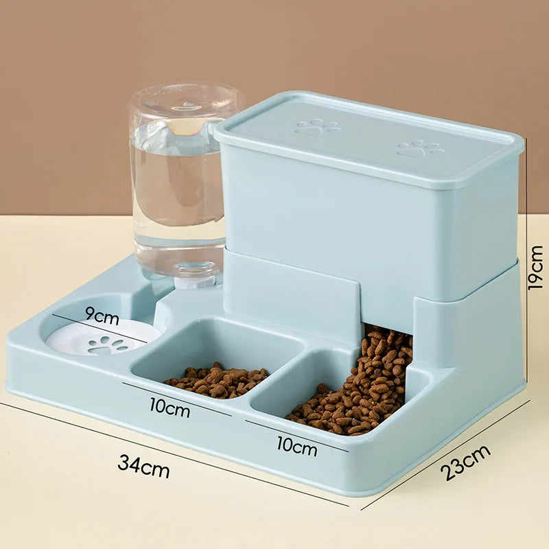 A light blue automatic cat feeder and water fountain device with compartments for food and water.
