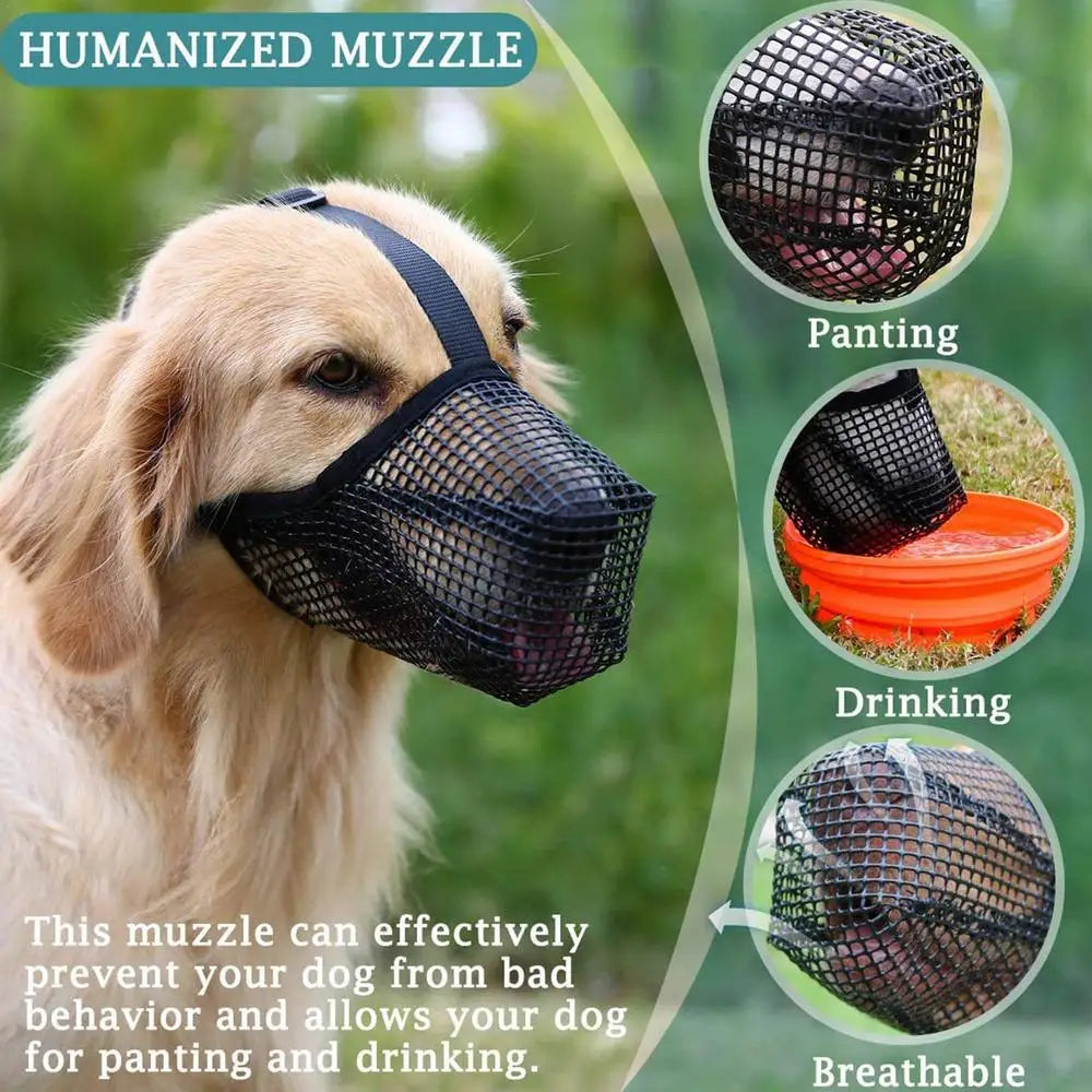 Un perro de color claro vistiendo un bozal de malla suave negro diseñado para prevenir malos comportamientos y permitir jadeo