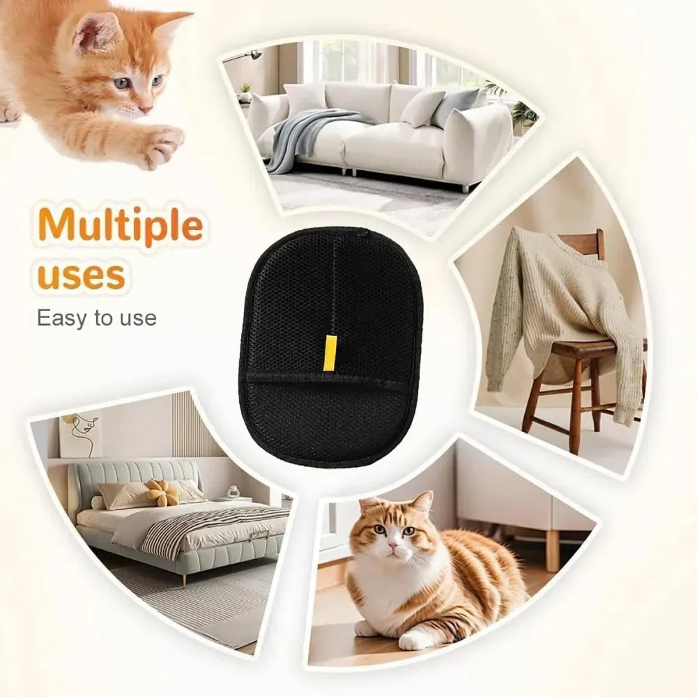 Set schwarze elektrostatische Fellentfernungshandschuhe mit einer Katze und einer flauschigen orangefarbenen Katze.