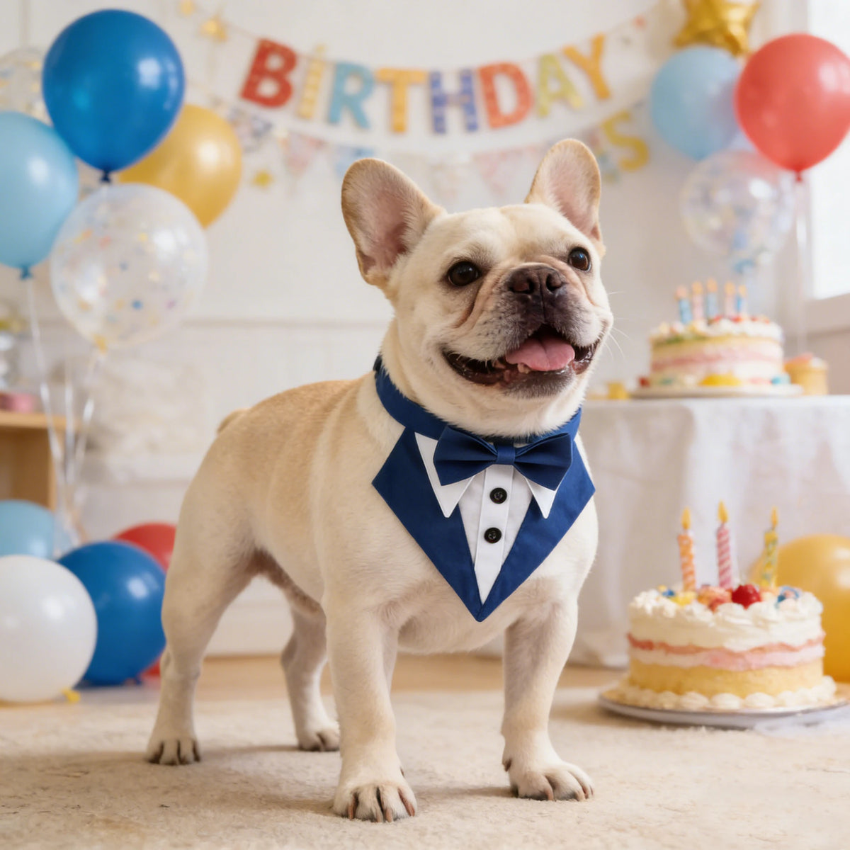 A light-colored French Bulldog wearing a blue bowtie and bandana, standing in front of birthday decorations.