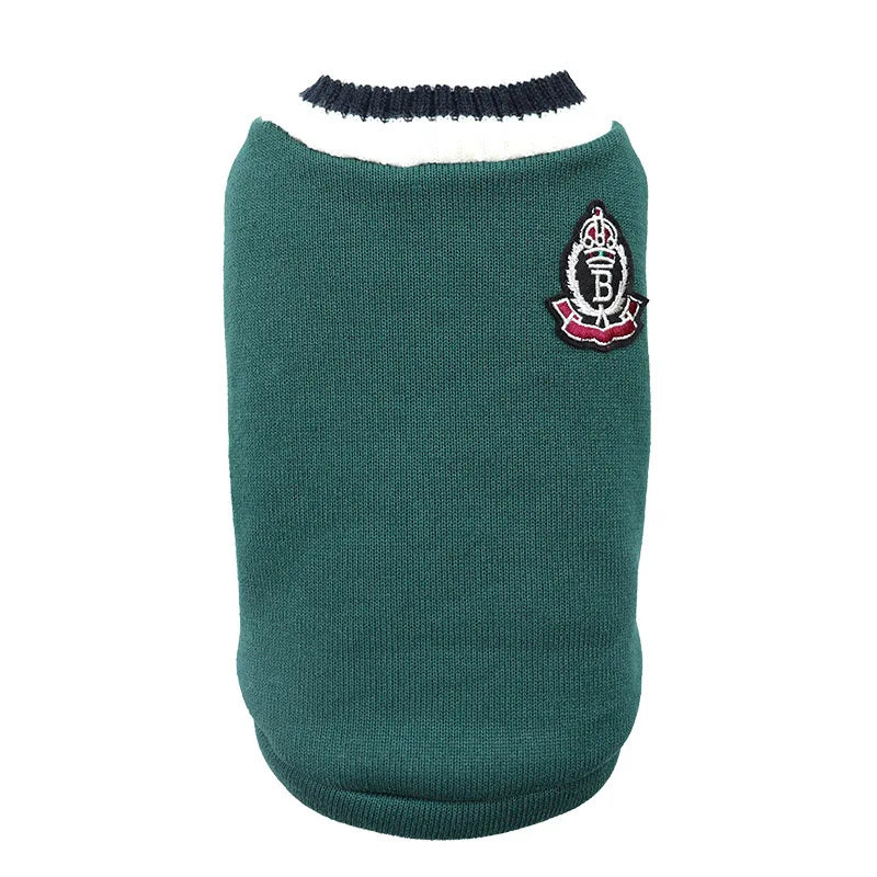 A dark green cozy cotton pullover sweater for cats and small dogs with a black trim and a embroidered logo.