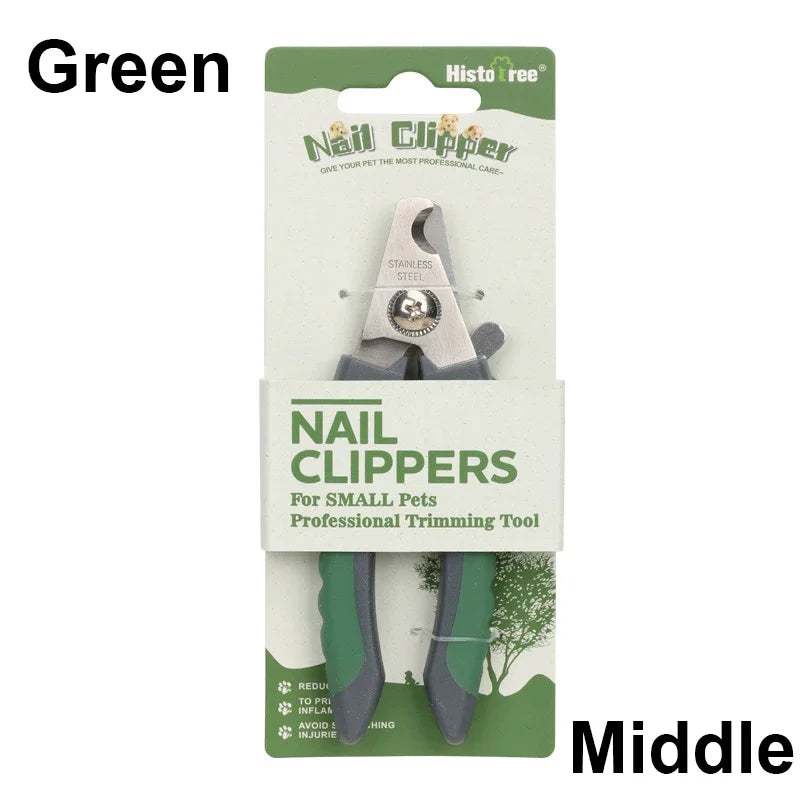 A green cardboard box containing stainless steel nail clippers for small pets.