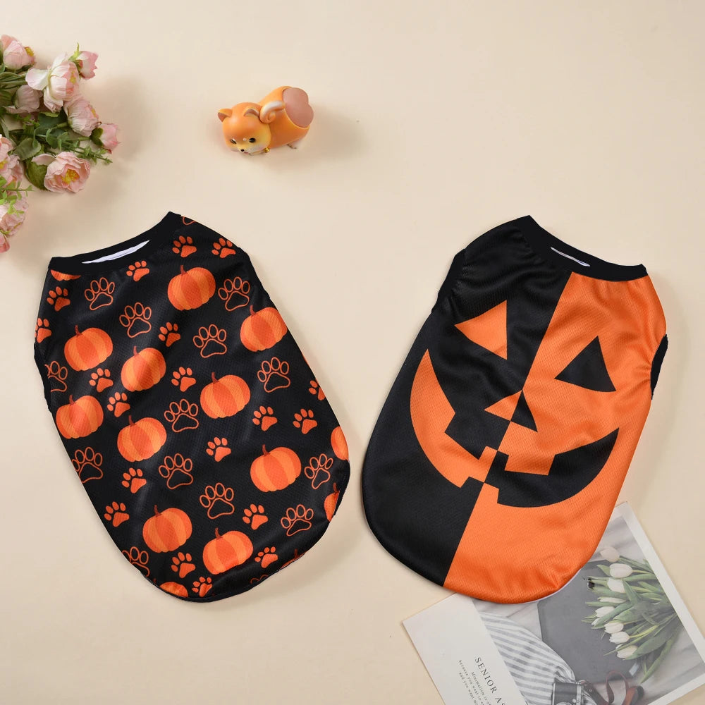 Black pet shirt with orange pumpkin print for small dogs and cats