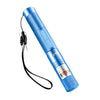 A blue portable laser pointer training torch with a black cord and a silver tip.